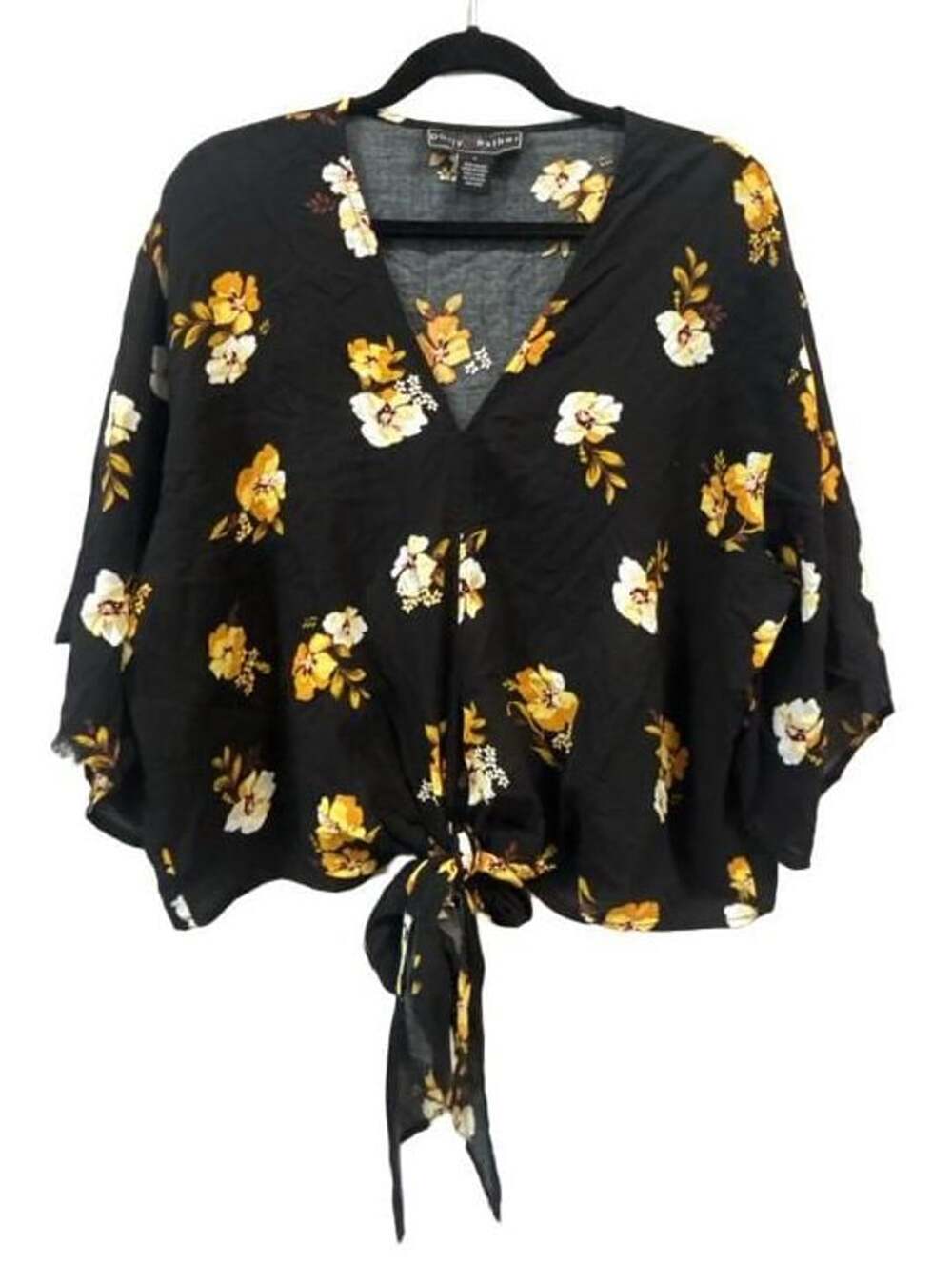 Polly & Esther Floral Tie-Front Top Size L Black Yellow V-Neck Blouse